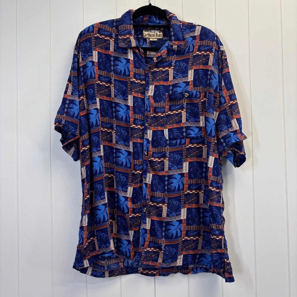 Vintage Caribbean Blues Hawaiian Button Down Shirt Men Size XL Aloha Tiki Beach